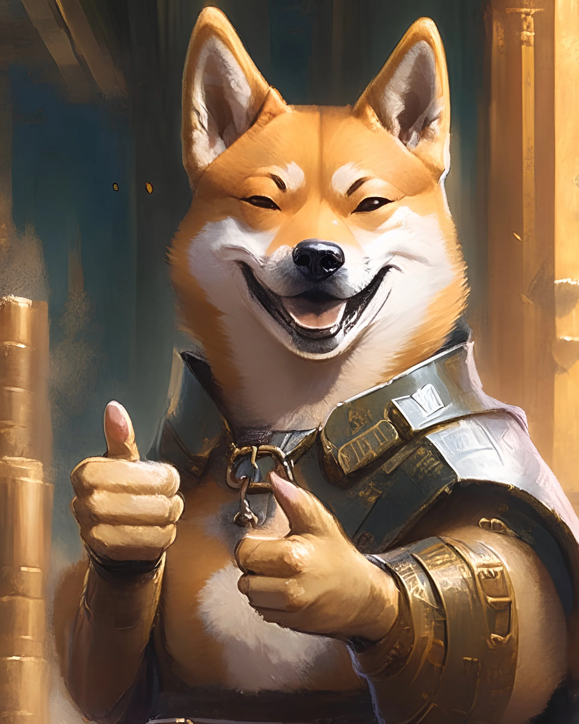 a detailed portrait of shiba inu giving thumbs up illustrator, by justin gerard and greg rutkowski, digital art, anime painting, dnd, character design, matrix