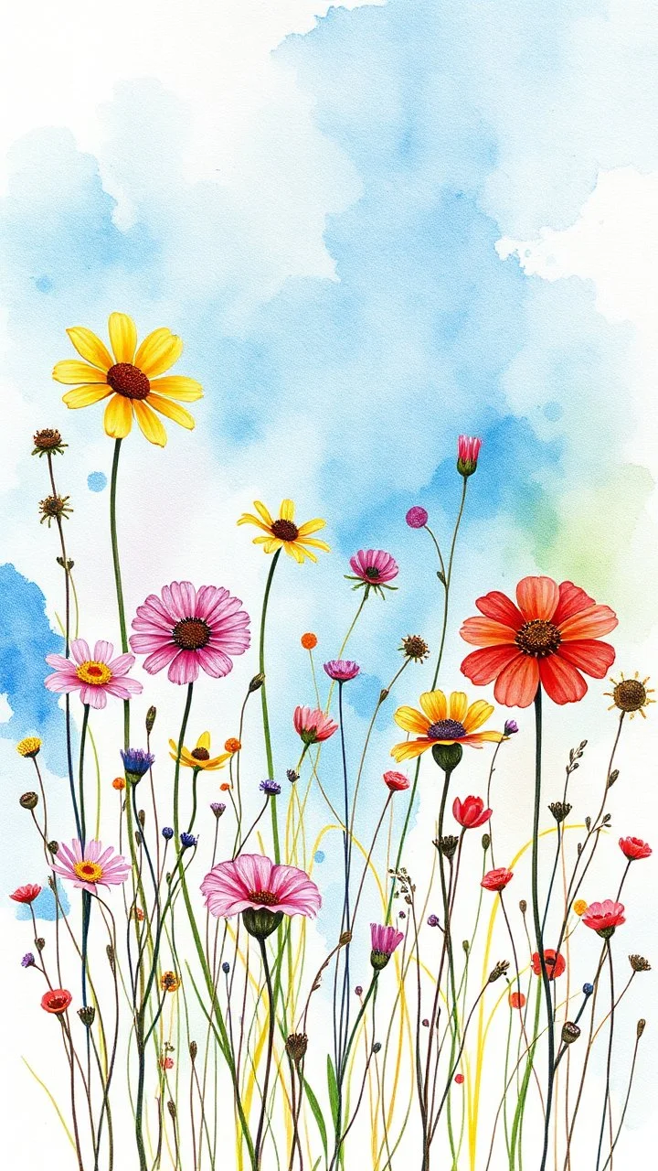 a smear . Field of wild a colorful flowers watercolor drawing on a blue splash colors background
