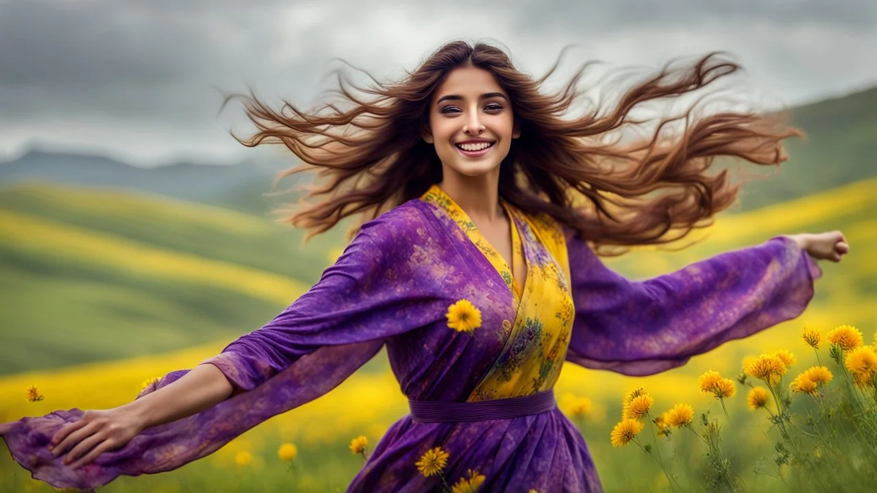 Hyper Realistic Photographic Close-Up View Of A Beautiful Young Pashto Woman With Beautiful Eyes Lips & Nose (Wearing Beautiful Tie-&-Dye Frock With Purple Floral Patterns On It Her Beautiful Long Hair Whirling In Air) Happily Whirling & Smiling On Grassy-HillTop With Yellow-Flowers & A Valley Down, At Cloudy Weather With Heavy Rainfall Showing Dramatic & Cinematic Ambiance.