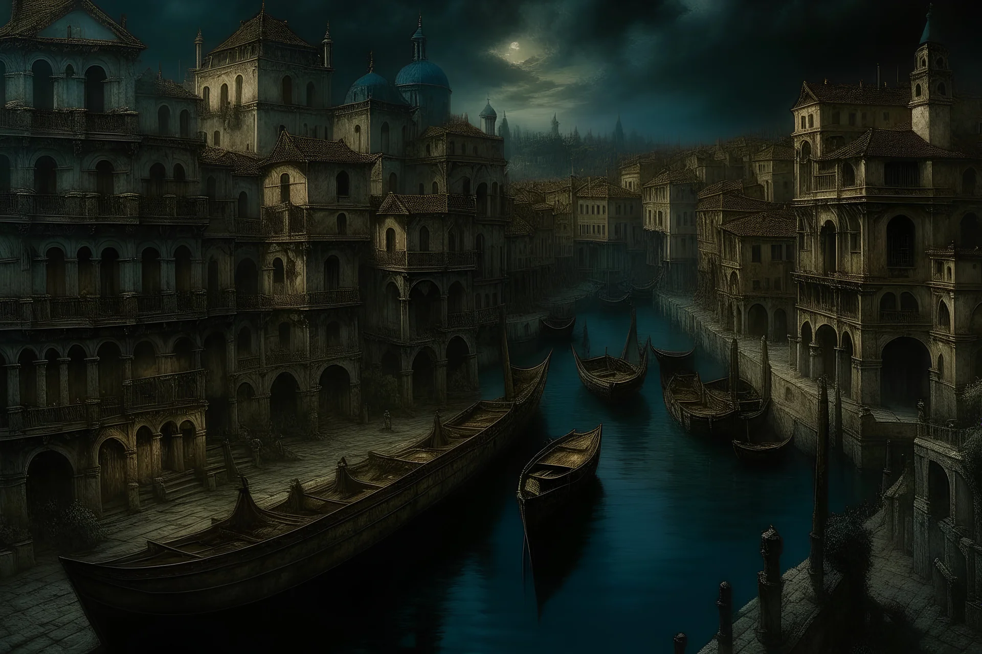 A Venice-style city near a dark forest painted by Leonardo da Vinci