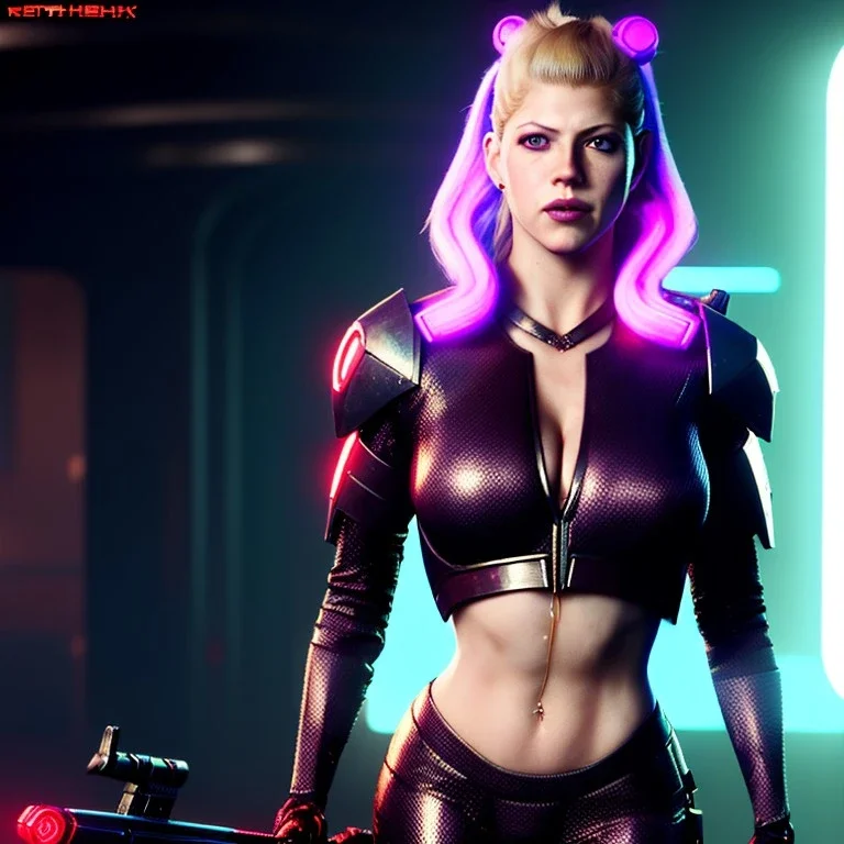 Actress, Katheryn Winnick, cyber woman, retro futuristic, sexy, blood, portrait, unreal engine 5, samurai, 16 bit, god lights, ultra hd, vibrant color, night city background, neon, front view.