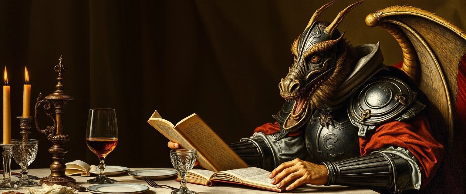 close up portrait painted by Rembrandt, dragon knight holding speech at dinner table