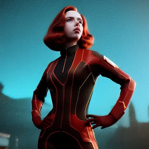 retro sci-fi portrait image from 1960, supermarket parking explosion, fire, classic black widow, young Scarlett Johansson, tight lycra suit, soft color, highly detailed, unreal engine 5, ray tracing, RTX, lumen lighting, ultra detail, volumetric lighting, 3d, finely drawn, high definition, high resolution.