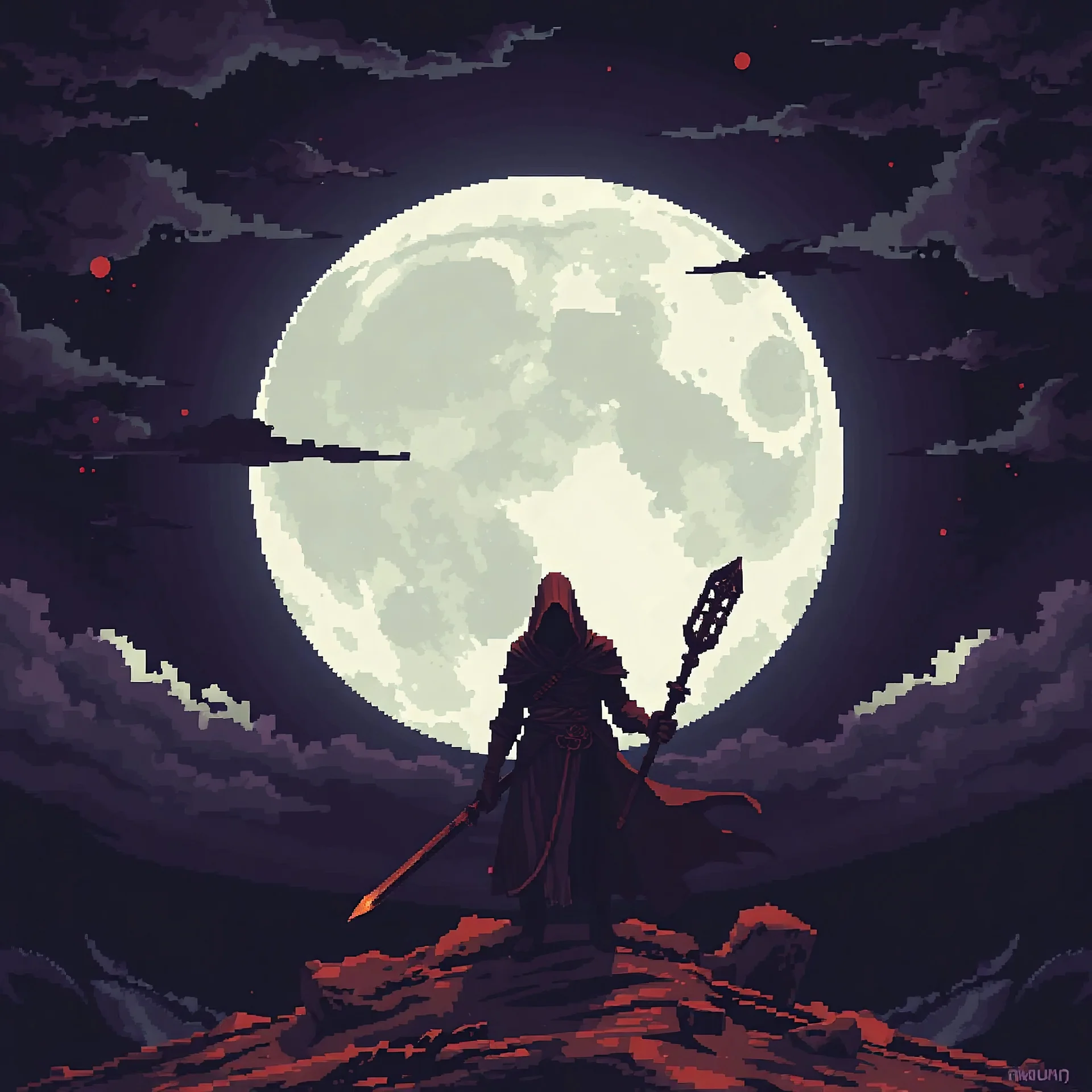 pixel art, gothic sand assassin in front of a large full moon, dark fantasy style, blood moonlit night sky,mystical clouds, dark color scheme, highly detailed pixel artwork, 32-bit style