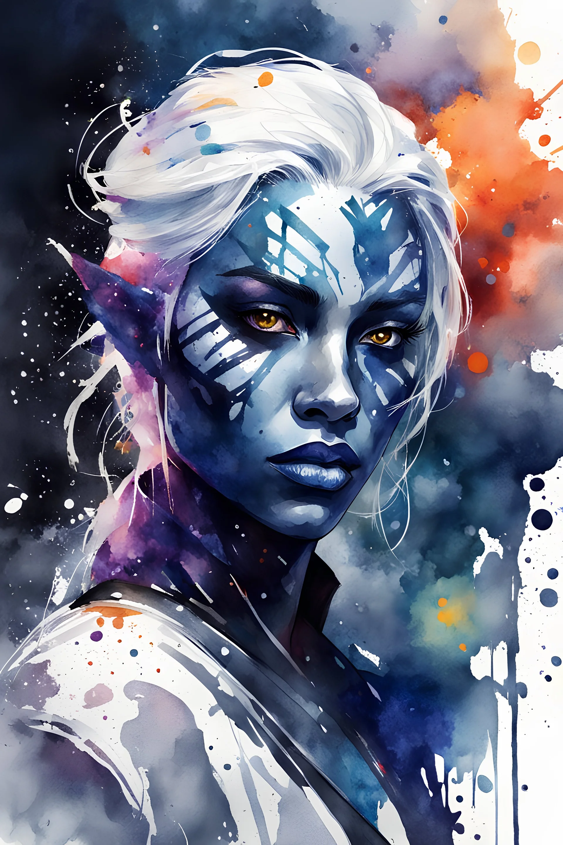 highly detailed, watercolor concept illustration of a female Drow seeress character , maximalist, sharp focus, highest resolution, in the style of Agnes Cecile, boldly colored, 8k, coarse, gritty textures