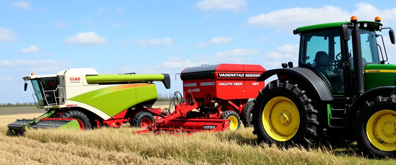 Parked at the edge of a field is a Claas brand Combine(left) Vaderstad Seeder(middle, red) and a John Deere Tractor(right) simplified