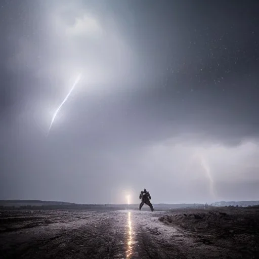 Heavy rain. Epic Lighting in the sky. Knight with magic scroll in hand. Falling meteorite from the sky. Meteorite burning in the distance. Dark mud.