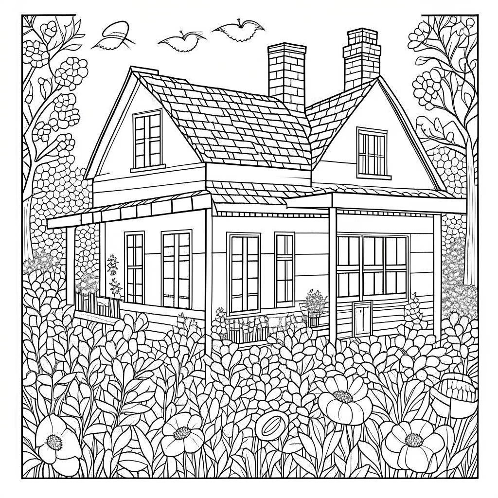 GARDEN HOUSE, "Blooming Beauties, realistic, coloring page, only draw lines, coloring book, clean line art, wildlife-inspired, kid style, –no sketch, color, –ar 3:4, white background, minimalistic black lines, 8k, minimal black color, low level black colors, coloring page, use pure black and white colors, avoid thick black colors, thin black line art, avoid colors, perfect shape, perfect clear lines, clear edges, fill total edges, exact perfect edges,