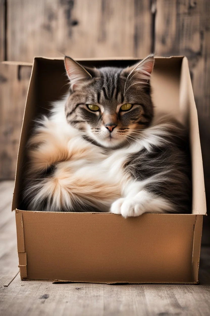 A cat sleeping peacefully in an old cardboard box