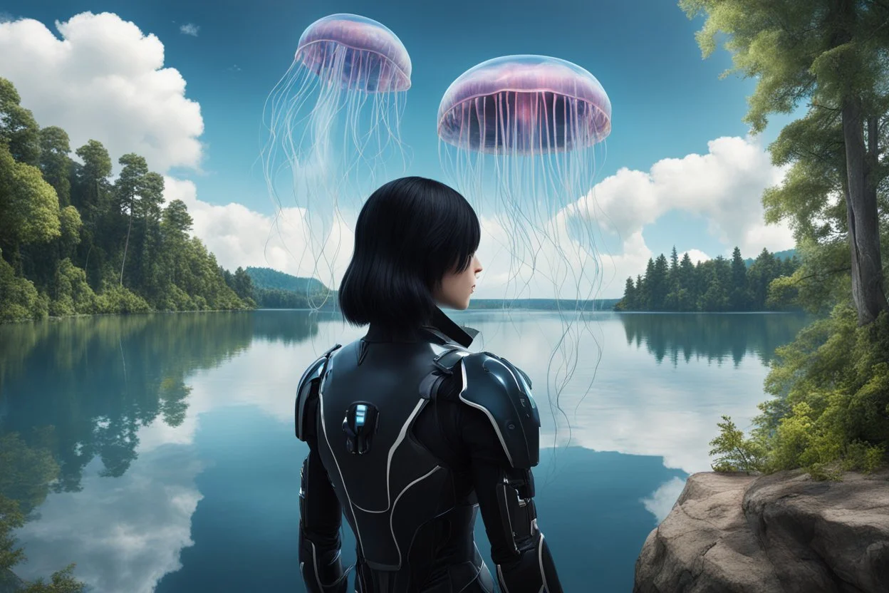 photorealistic photo of a woman with black hair, dressed in an android suit, looking out over a lake, at a jellyfish with tentacles with tall narrow cloud trees in the background