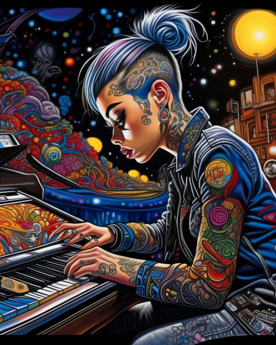 "Midnight Serenade unique" low view angle shot down village road , large close up a beautiful young girl woman with a tattoos and punk style hairstyle wearing a cool black leather jacket like rocker style and playing the piano granite terrazzo motifs with puzzle modern clothing is decorated with colorful filigree abstract, Collage chutes papiers magazines,Spirograph background by Nisa Kiley, Textile Artist، Busch painting style