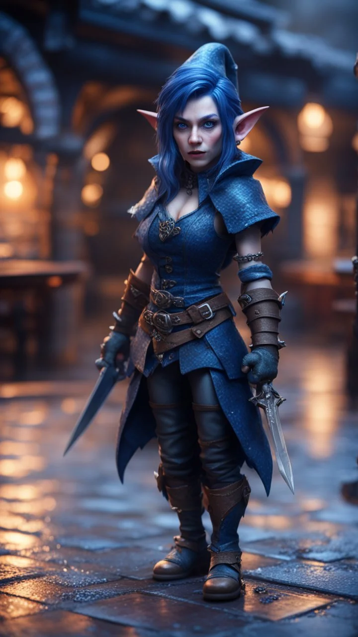 full figure with metallic stone gauntlets holding dark blue jagged dagger, standing on wet tiled floor outside fantasy tavern, focused female Danish vampire gnome from worms armageddon wearing makeup, bokeh like f/0.8, tilt-shift lens 8k, high detail, smooth render, down-light, unreal engine, prize winning