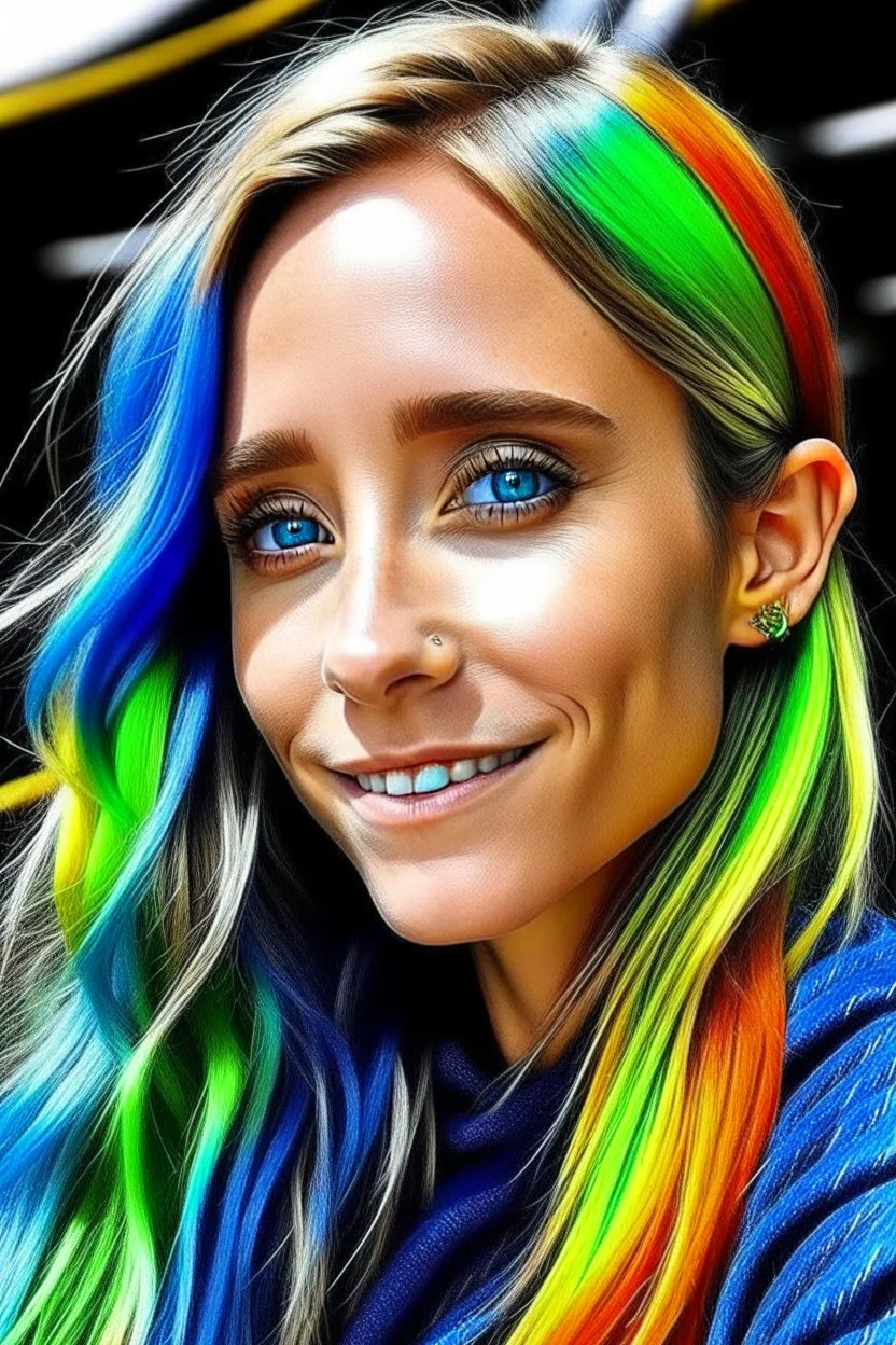 ((Mary-Kate and Ashley Olsen a warm hug)),charming Smile, **Galactic Rainbow Hair:** Hair reflecting the vivid colors of a rainbow alongside the cosmic allure of stars, creating a mesmerizing, multicolored effect