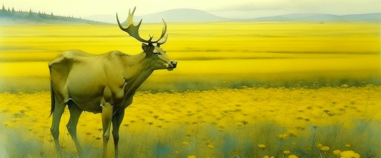 an Elk off-center in a prairie field, canola plants hinted in corners of foreground, realistic fantasy watercolor illustration, Robert Bateman