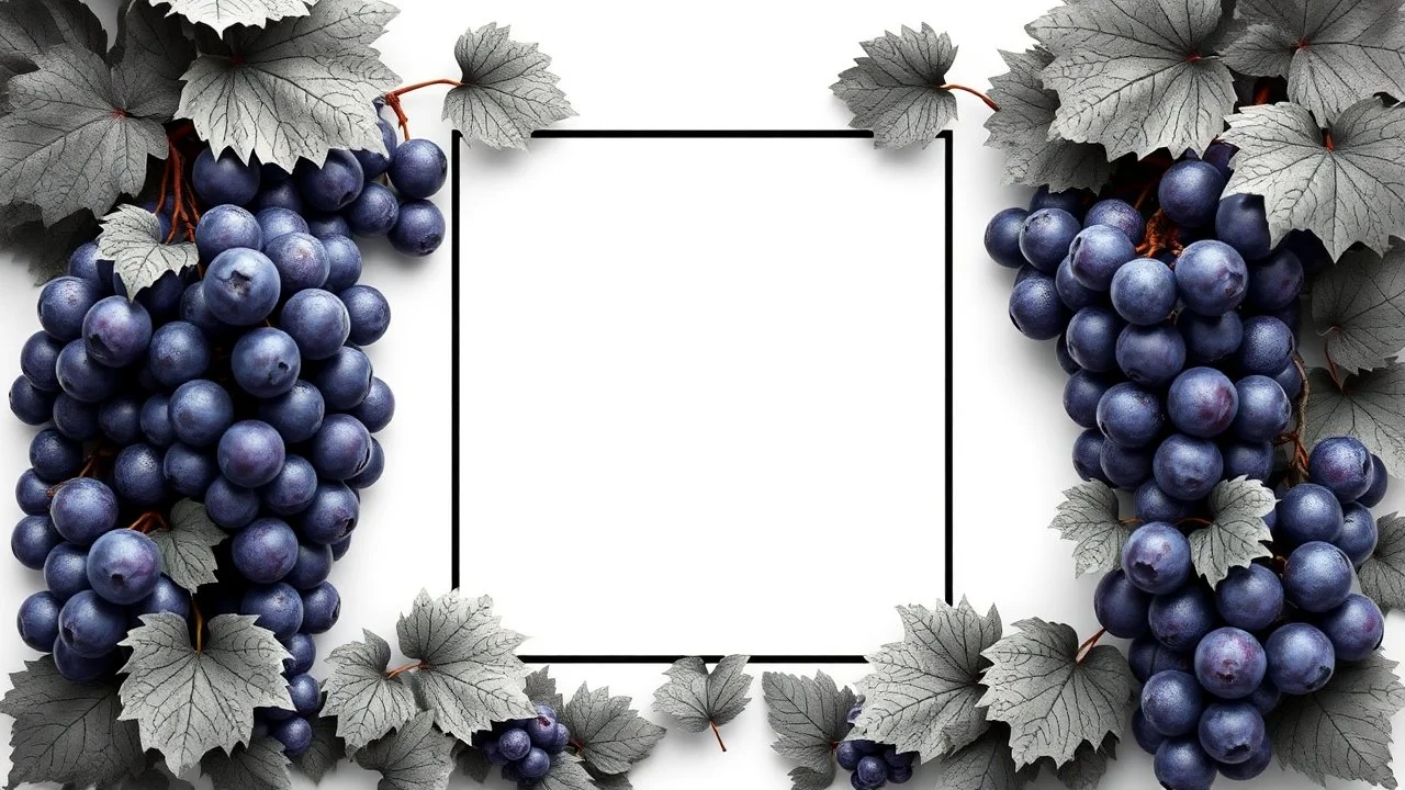 A square frame bordered with grape clusters with a black and white theme