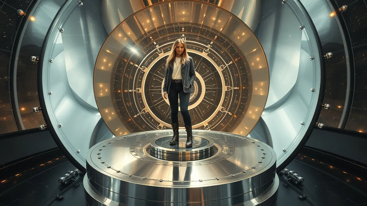 picture of a very huge real working physic based gyroscope with mirror surfaces in a inter star environment ,a very pretty lady with modern clothing boots standing on main turning disk of gyroscope.1x1.