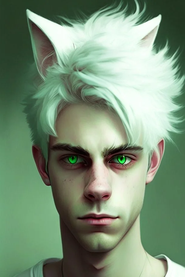 A young adult man with messy white hair and white cat ears, green eyes