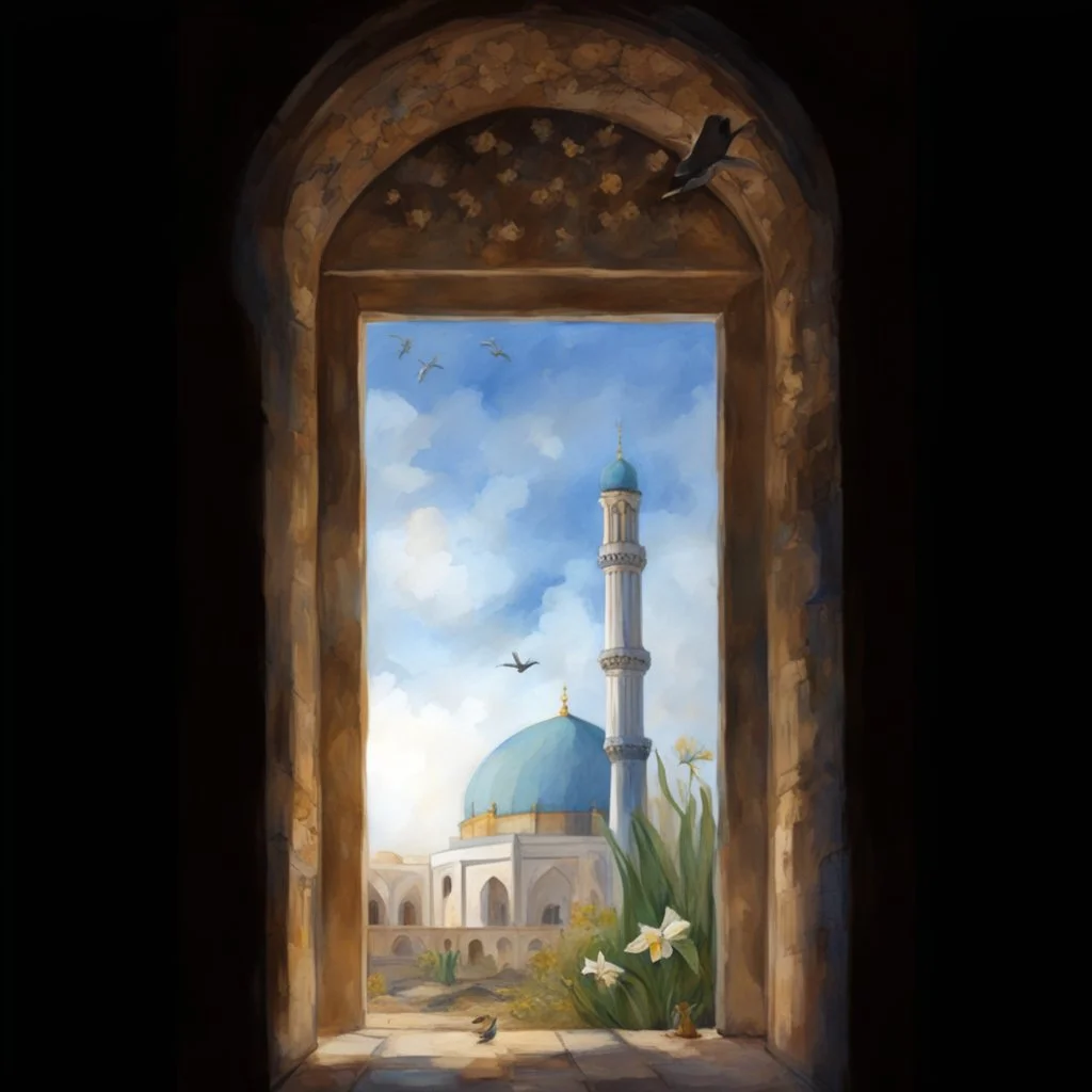 shado of people to jamkaran mosque in Iran has more blue green color and gold for pattern islamic in the dome . one big domes with beautiful lighting . white Daffodil flower in the floor , clouds with small birds in sky with crescent moon of ramdan . painting watercolor ,simple and islamic style , Painting like Vincent van Gogh style