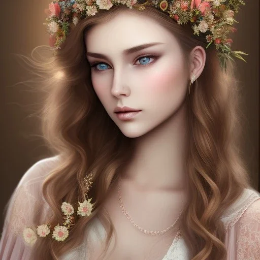 full of details, realistic, beautiful young woman with floral crown, hight definition, 8k, symmetric face, perfect eyes