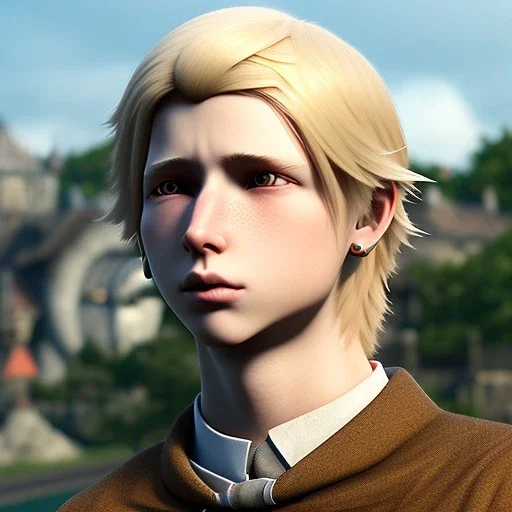 medieval fantasy setting, man, 20 year old, messy blond hair, round face, naïve, round face, UHD, realistic style