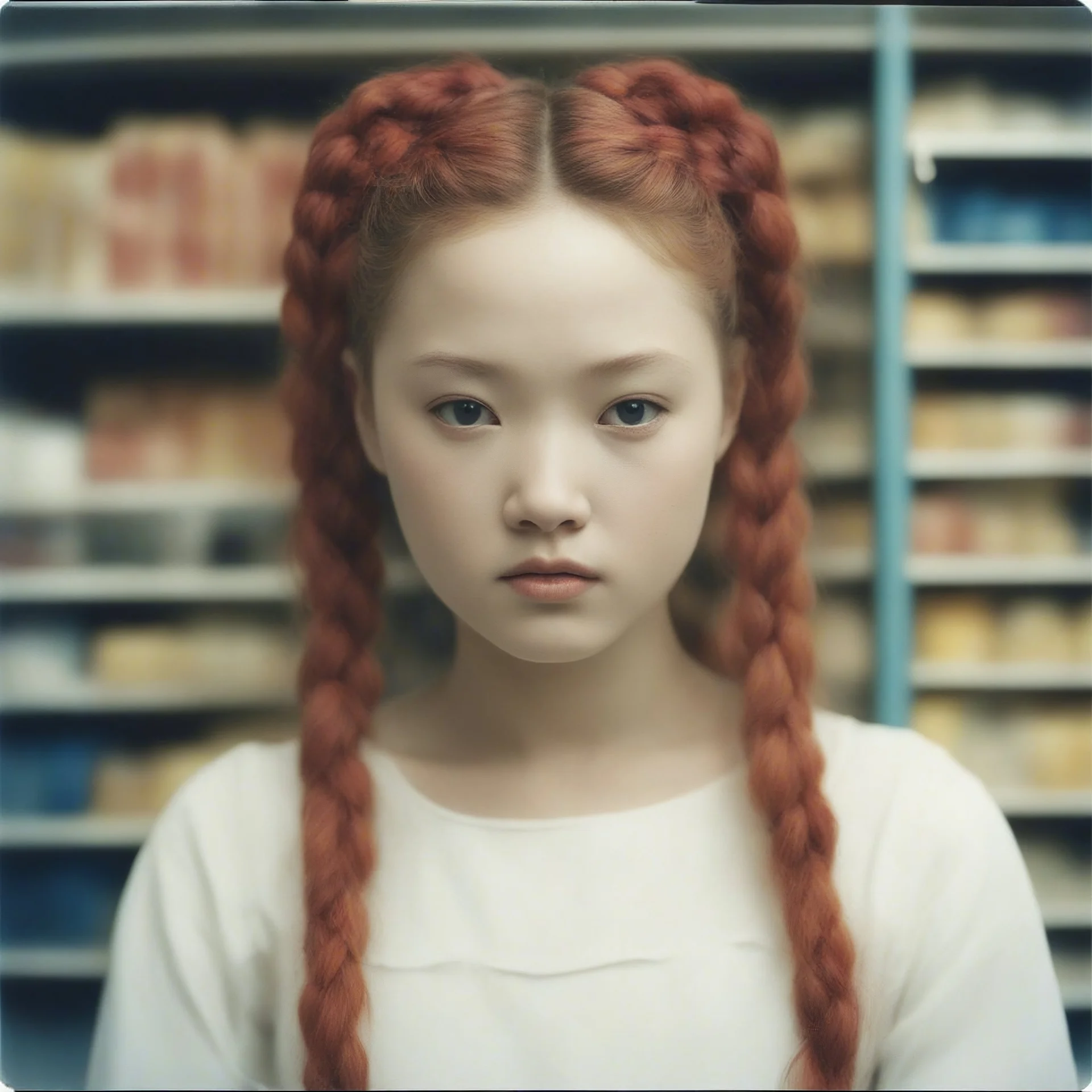 Old dirty Polaroid with white frames, of devon aoki with red cheeks, strange braids. in a supermarket, in 1830