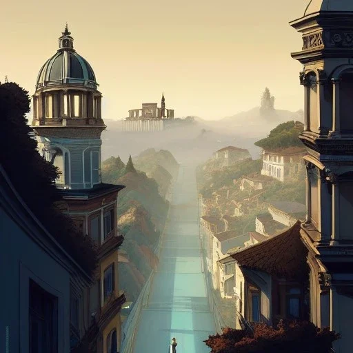 Skyline+city on inslands+Trainstation on cliff+Vignola classicism +palladio+detailed facades+uphill road+trees+genoa+rome+vienna+biopunk+Book illustration by Gediminas Pranckevičius, Jean Baptiste Monge, Brian Kesinger, Anton fadeev, Kilian Eng, strong lines, high contrast vibrant colors, highly detailed, 16k resolution, trending on behance