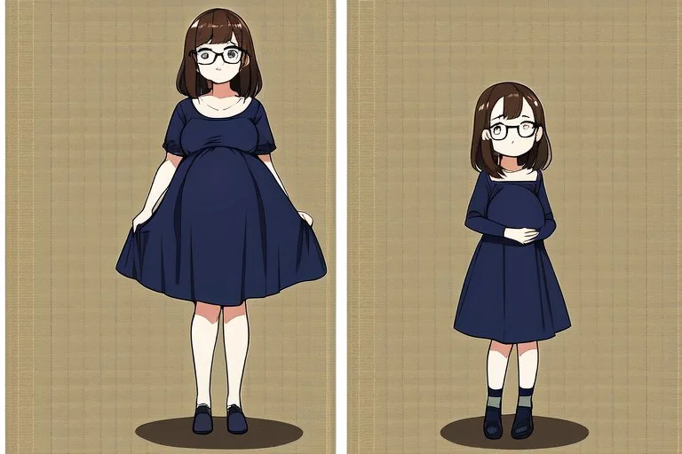 full body of a brown haired anime manga pregnant girl in dark blue dress with eyeglasses