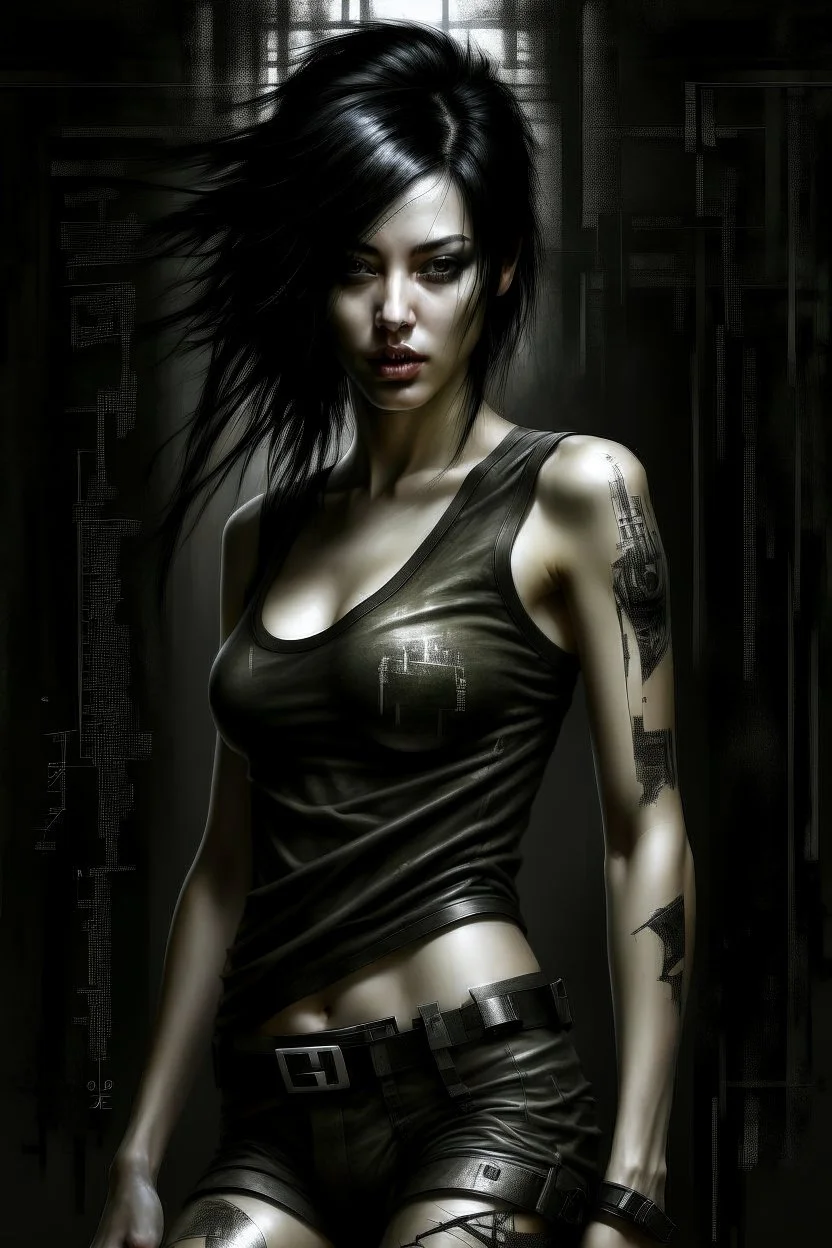 pretty girl, aged 14, black hair, dystopia, athletic, digital art, black bodysuit