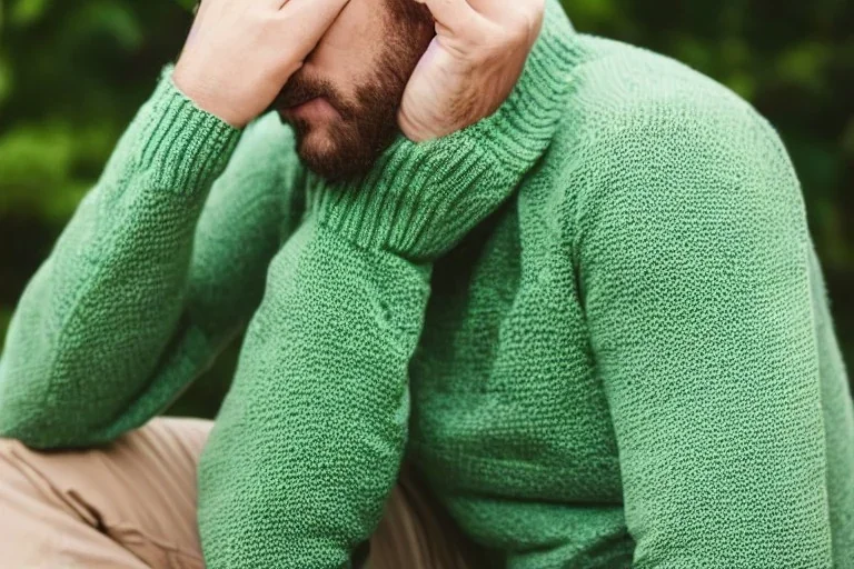 Man thinking hard in green sweater