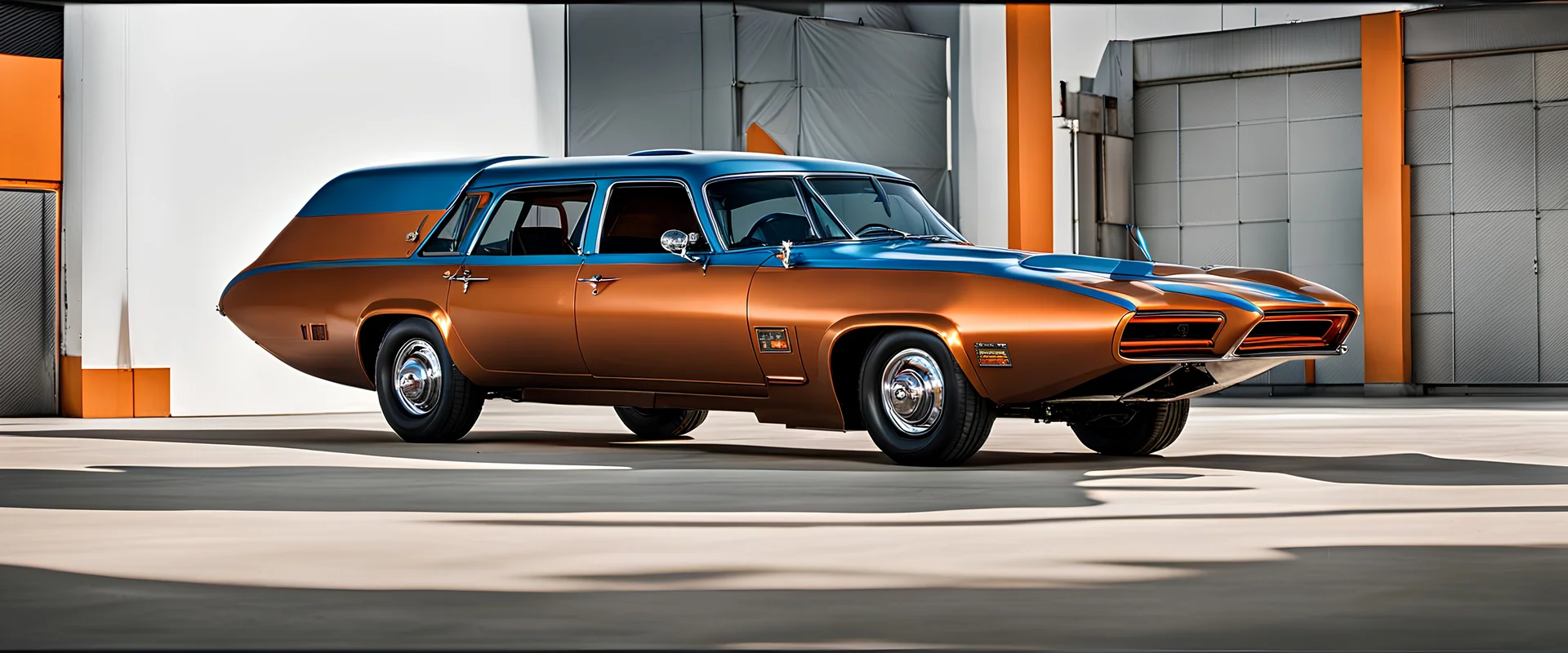 A national geographic award winning photograph of a military fighter jet station wagon elephant hybrid bilaterally symetrical designed by skunkworks, only one vehicle per image painted metallic orange traveling at a high rate of speed, jet intake off of front center of vehicle and jet exhaust out the rear with bright blue flame soviet retrofuturism, taken from drivers side front at a angle from up and to the rear