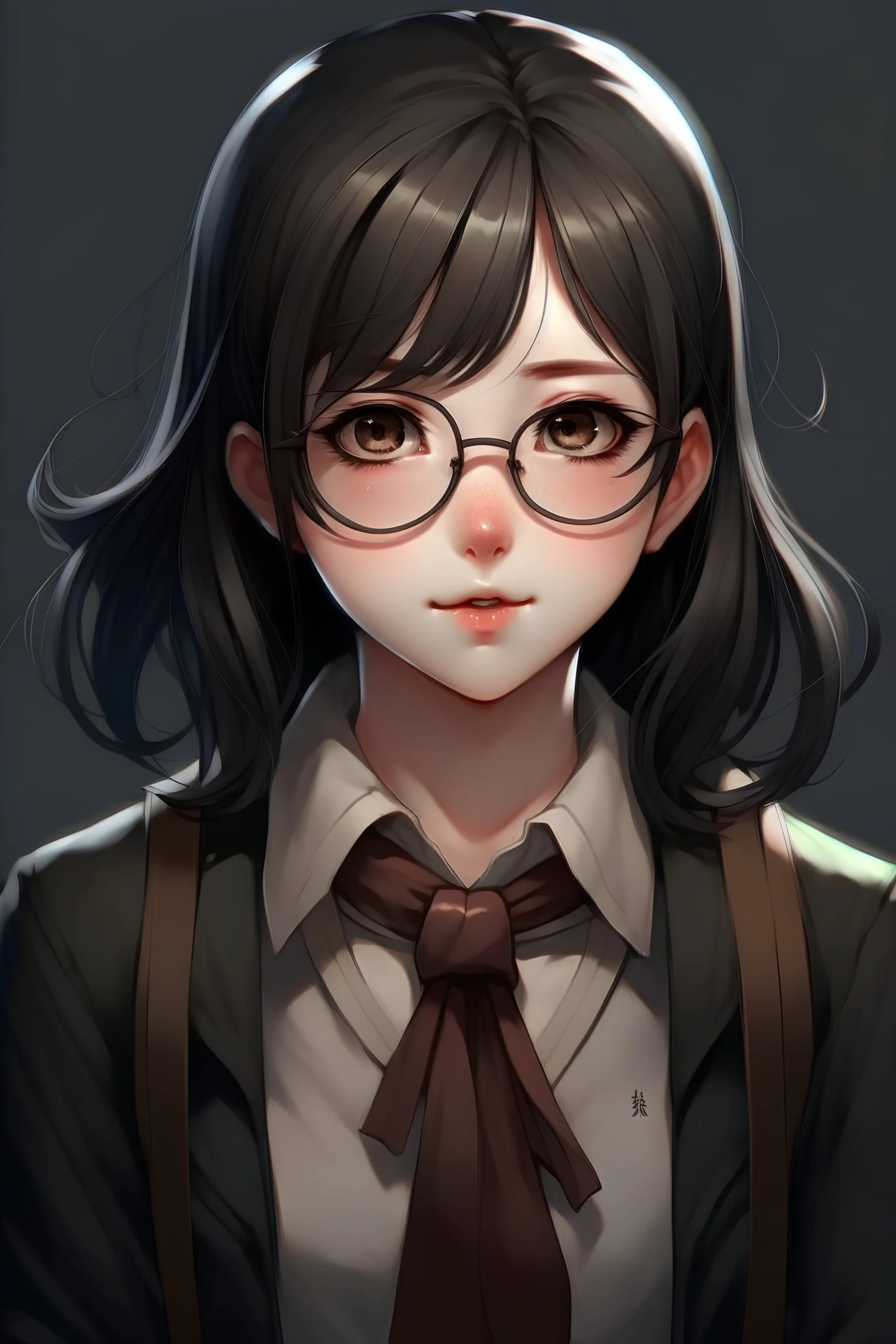Realistic anime sakimichan art style. A lithe preppy dark-haired college girl. She has pale skin and light brown eyes, and her very short raven hair is haphazardly combed. She is wearing a what would be described as geek clothing
