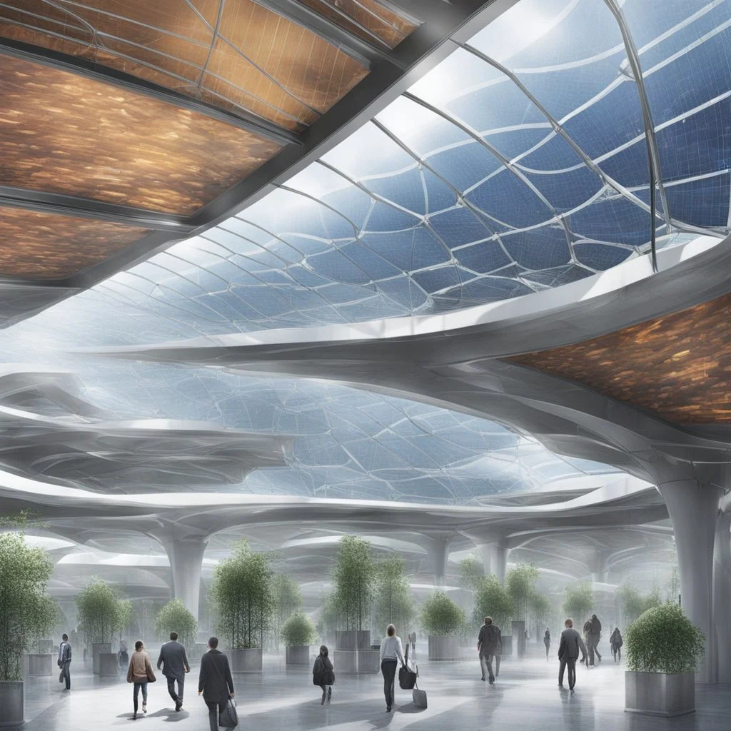 **Cinematic Artwork:** Beneath a glass canopy, commuters rush through a transit hub. Above them, solar panels absorb sunlight, powering the station. Rainwater cascades into collection tanks, nourishing greenery. The canopy shelters not only people but also sustainable solutions—a harmonious blend of safety and innovation. **Appearance:** cinematic portraits that encapsulates the essence of disaster management, safety, and resilience, each evoking mesmeric and captivating imagery. These scenes wi