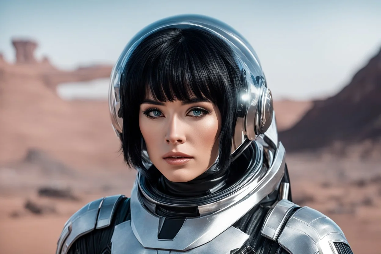 Photo of a Sci-fi woman, with black hair, wearing a silver and black spacesuit looking like an android, on an alien planet