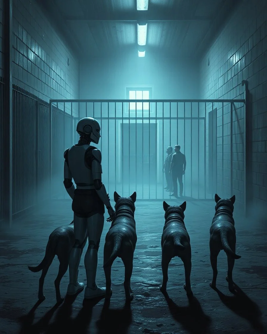 Bosch painting style, nightmare , three Ai robot prison guards with Ai robot dogs watching a human prisoners lined up in line one after another inside a prison yard great quality picture with cinematic scenes ,