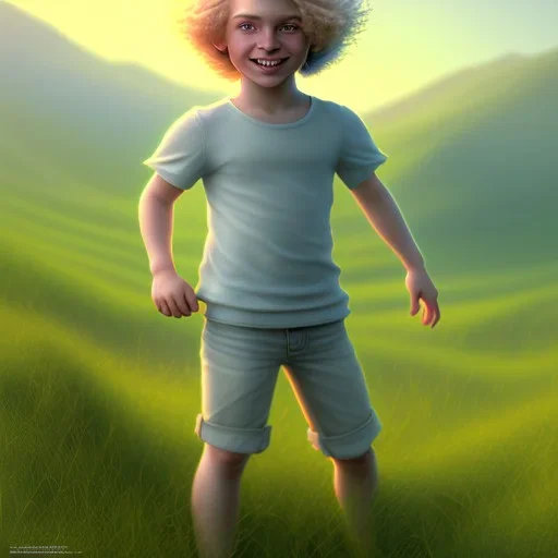 full length photograph of a beautiful boy with long, blonde curly hair and light blue eyes, smiling, standing on a green hill in summer, highly detailed, digital painting, smooth, realistic, HDR