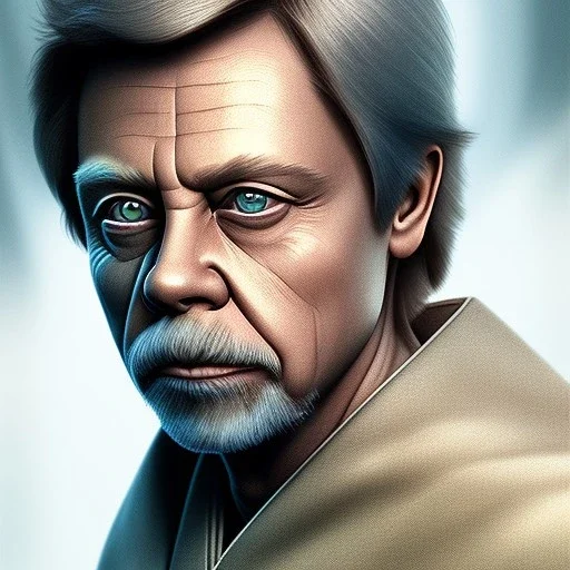 upper body photorealistic jedi mark hamill in Star Wars, sharp blue eyes, photorealistic weathered skin, short hair, dark brown jedi robe, cinematic lighting,