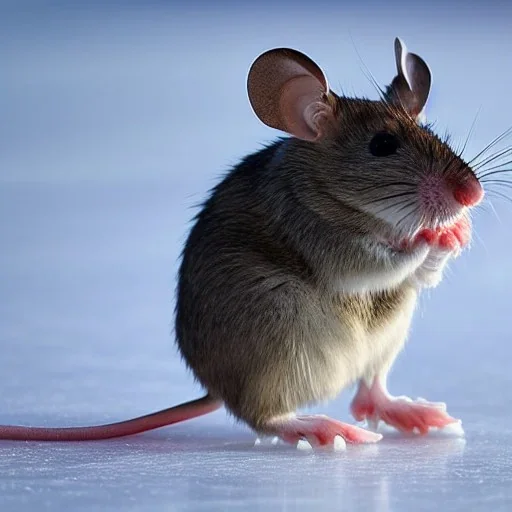 Mouse ice-skating on a frozen pond in the countryside