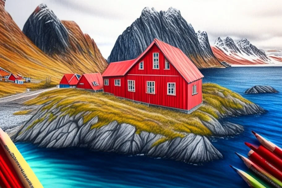 Colored pencil drawing, of the colorful nature of Lofoten Island in Norway, with a characteristic red houses, Ultra Realistic,