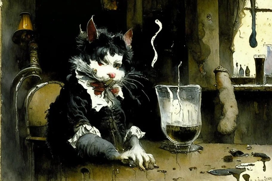 childrens book illustration, macskássy izolda, a frightened looking black and white cat with a cigarette in his mouth, a glass of whiskey in his hand, looking just at us in a smoky pub, van eyck, painted on rough canvas with exaggerated lines, sharp brushstrokes, dripping, plastic paint watercolor and ink, oil on canvas jean baptiste monge