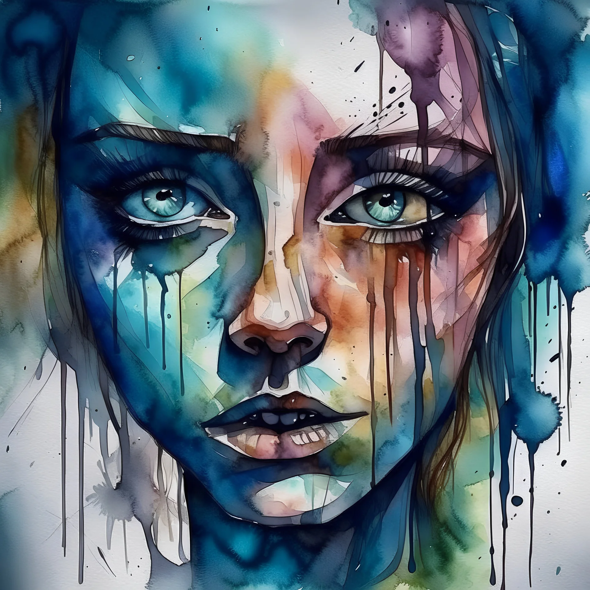 women face watercolor, creepy, surreal horror art, nightmarish, dynamic composition, dark color burn