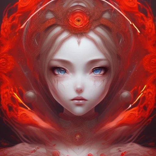 fiery red, anime, dark queen,tears, majestic, ominous, fire, roses, intricate, masterpiece, expert, insanely detailed, 4k resolution, retroanime style, cute big circular reflective eyes, cinematic smooth, intricate detail , soft smooth lighting, soft pastel colors, painted Rena