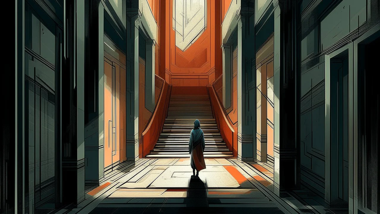 surreal architecture, labyrinthine structure, surrealism, deep perspective, stark shadows, geometric forms, windows framing distant doorways, a lone figure in a tan coat standing on stairs before an open doorway, rough textured walls, stone pathways, muted color palette with splashes of red and blue, dreamlike atmosphere, rendered in the style of Zdzisław Beksiński and Giorgio de Chirico, cinematic lighting