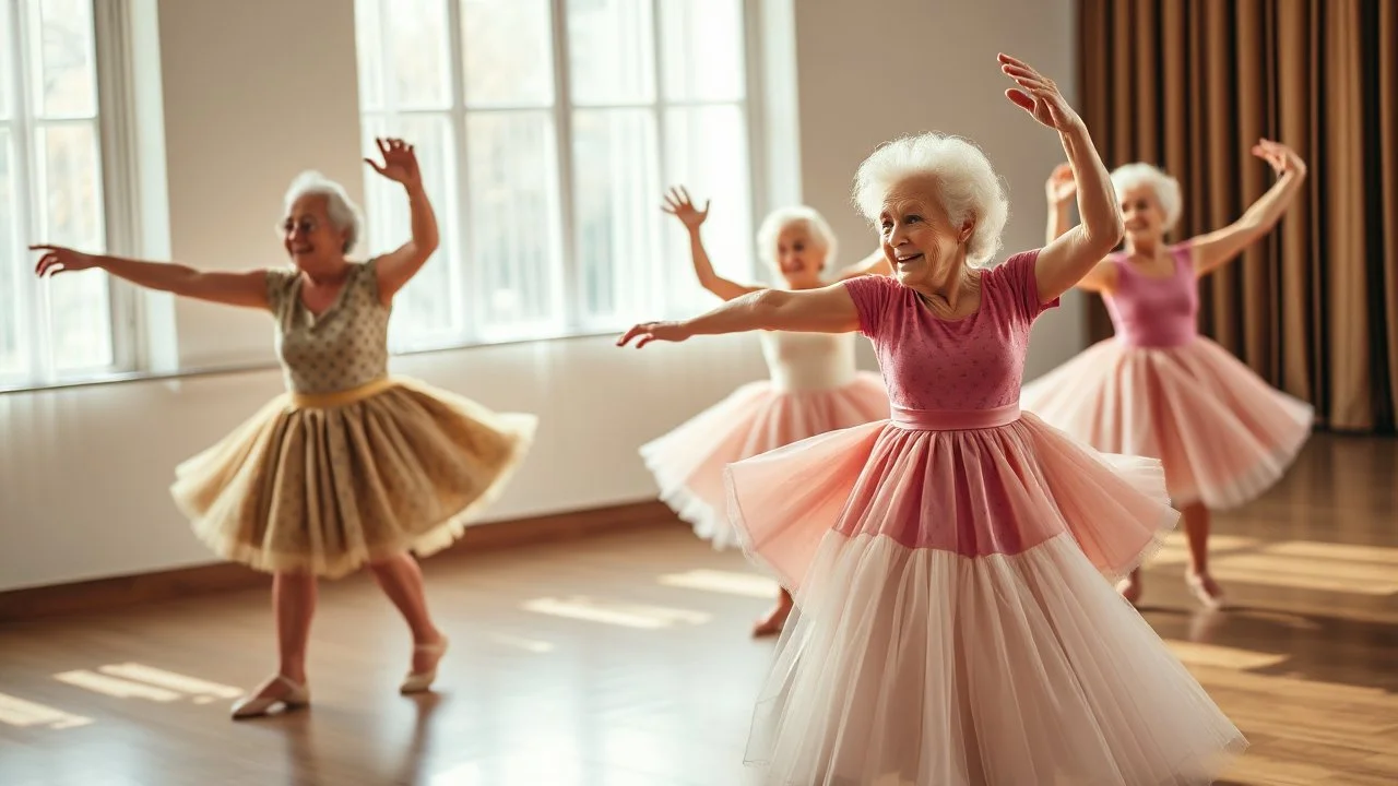 Elderly pensioners in a performing ballet. Photographic quality and detail, award-winning image, beautiful composition, 28mm lens.