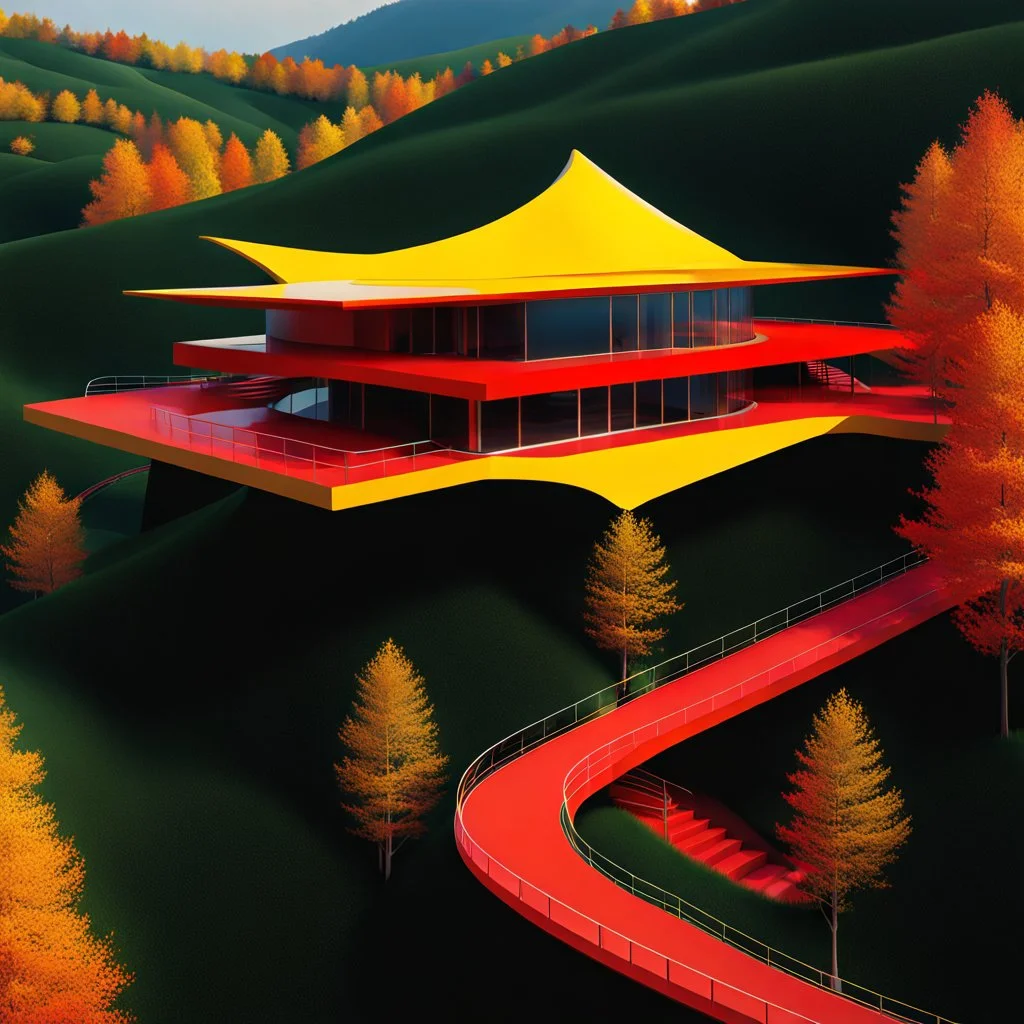 Aerial view Zaha Hadid style hill hut, trees, digital art, hyper-detailed, red and yellow colors, 8k oil painting