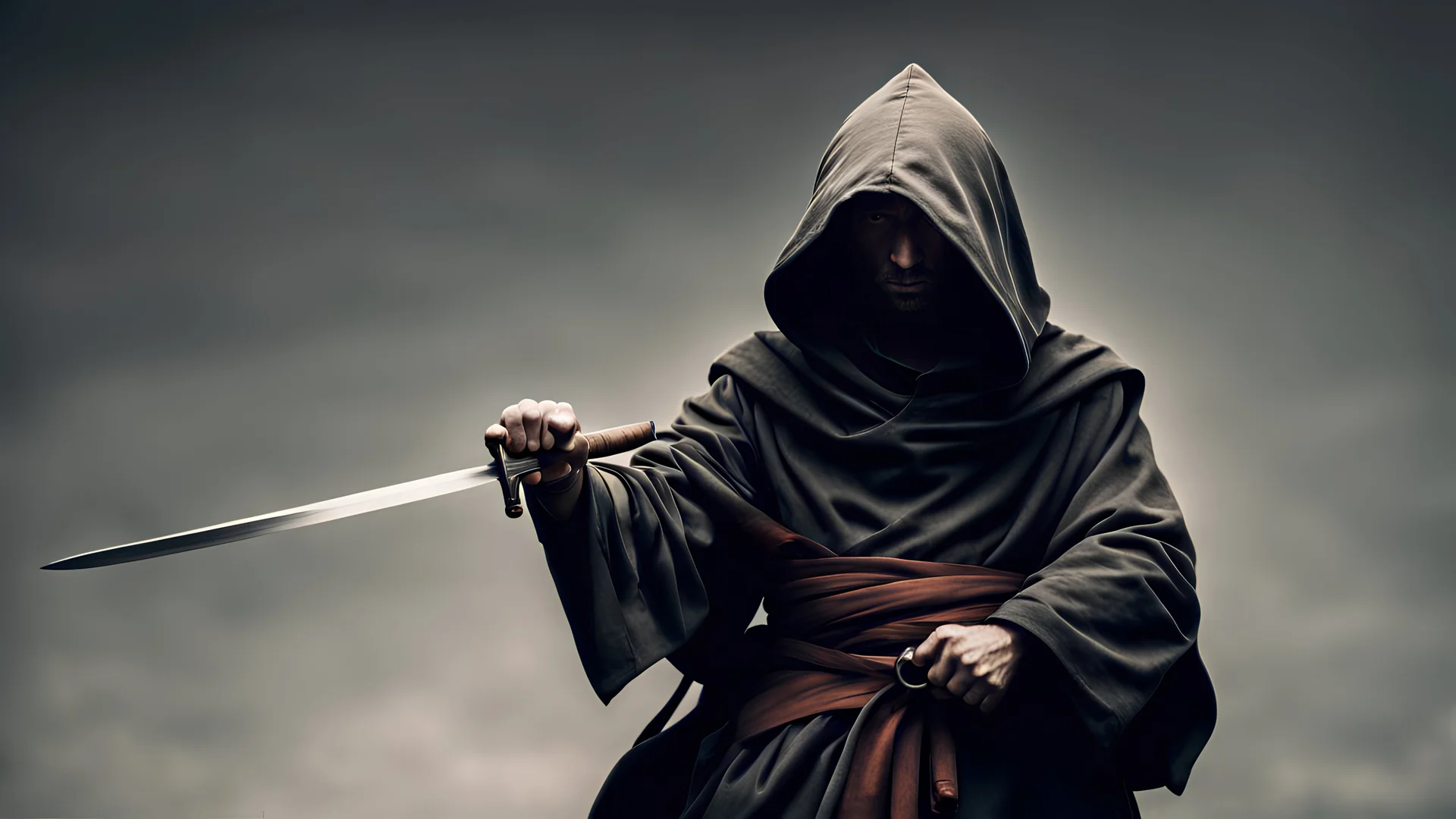 hooded monk armed with a sword