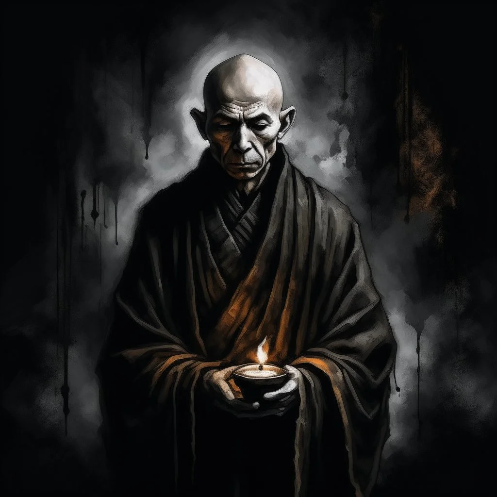 A bold monk in front of candle , Hyper Realistic Aerial Grungy Dark-Grey Brush strokes on a dark rustic background with charcoals