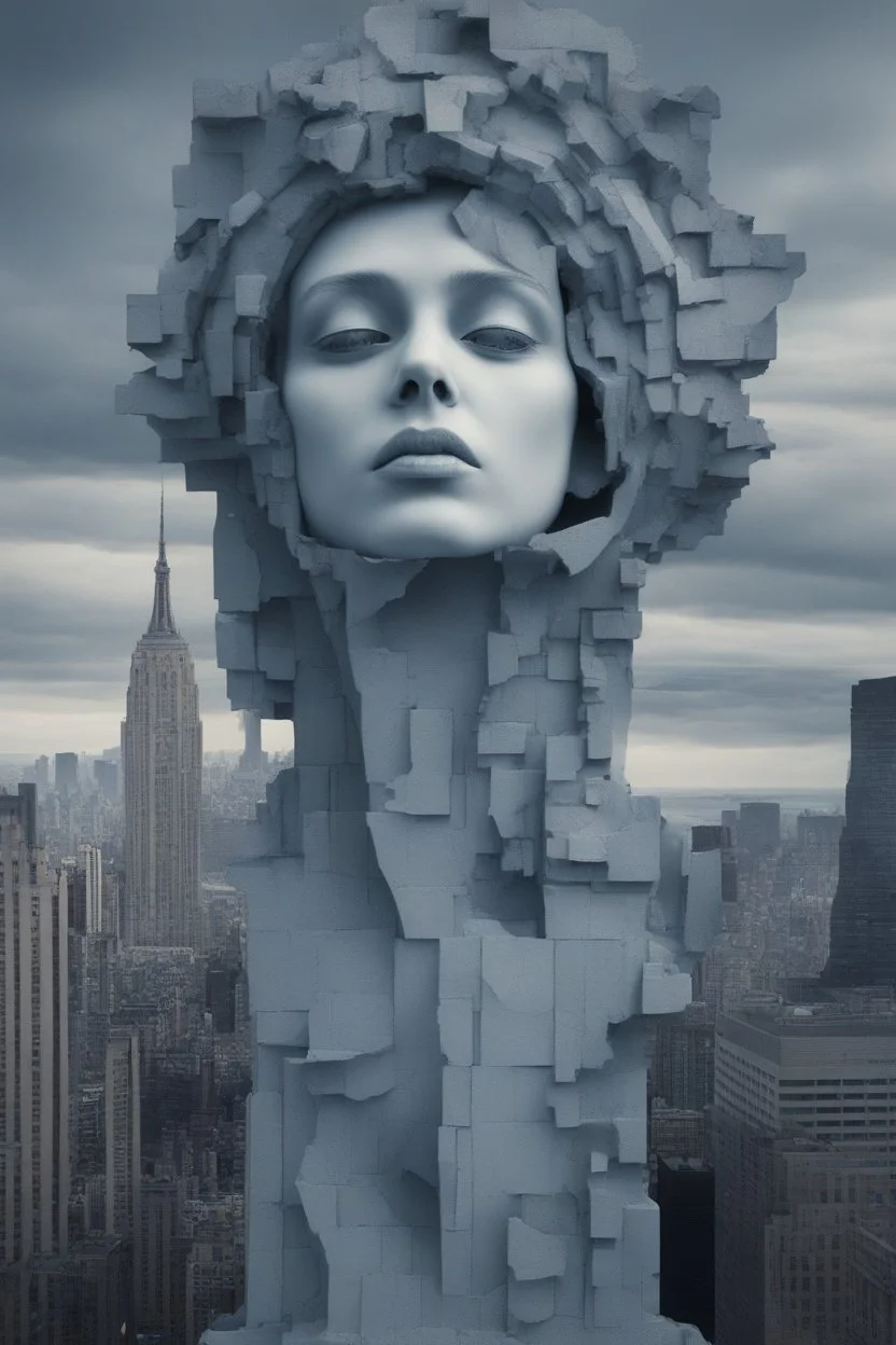 surrealis monochrome A fragmented, surreal sculpture liguid blue color of photorealistic image 3d,psychedelic art glossy emerging from devilish a crumbling empire state building. The girl face appear and intricate details, evoking a haunting expression. set against a backdrop of stormy, cloud-filled skies. bauhaus art The overall tone is dark blue and moody, suggesting themes of decay and transformation.fine lines draw