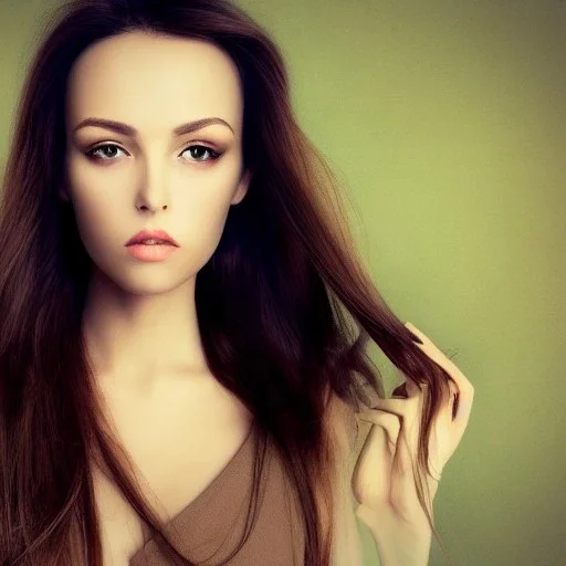 draw woman with Light-brown long hair, dark fantasy setting, ethereal, soft lighting, soft green eyes, medium cheeks, big forehead, wide chin, small nose, Portrait of mutant,sexy, perfect composition