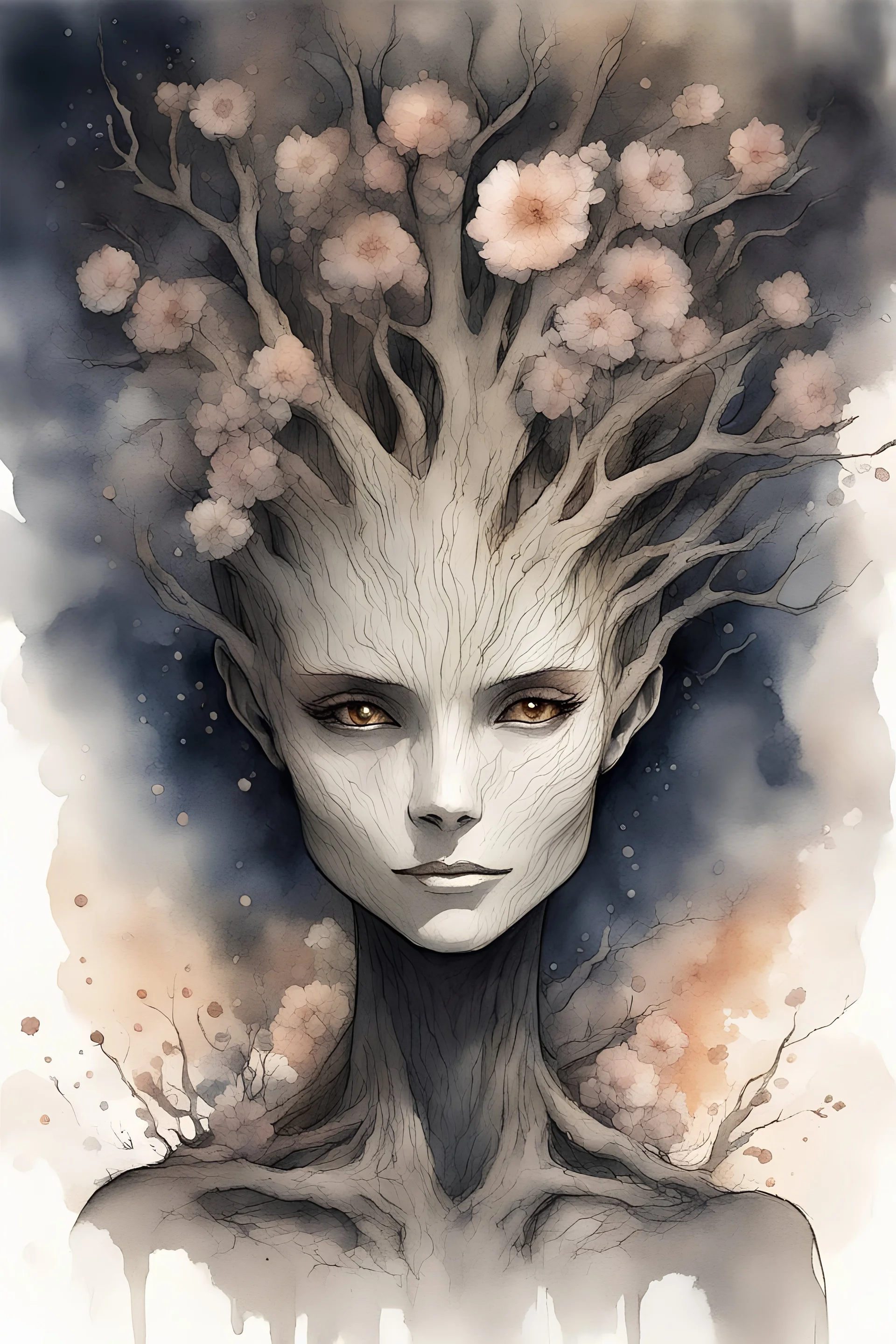 tree woman, groot, female, flowers for hair, glowing eyes, fissures in their flesh, from which faint light shines, create a warm glow, created in inkwash and watercolor, art style of Gege Akutami