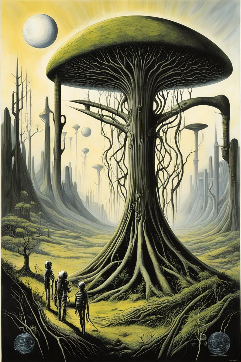 People are planting trees, first contact concept art, by Colin McCahon and Jim Burns and Brian Despain, by H.R. Giger, silkscreened mind-bending illustration; sci-fi poster art, asymmetric, futurism